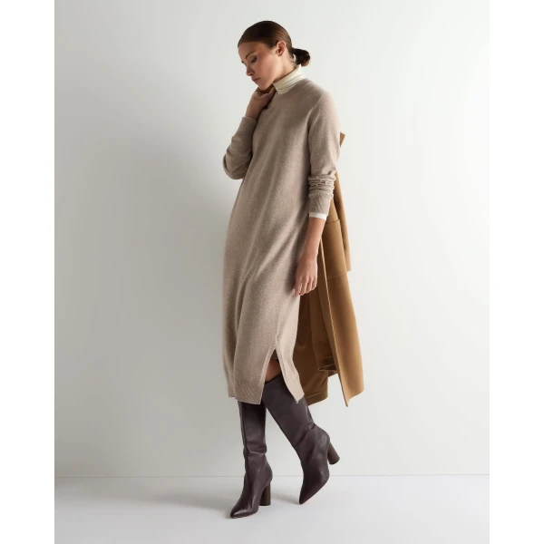 N.Peal Round Neck Cashmere Jumper Dress in Oatmeal Brown