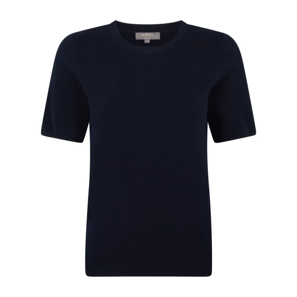 N.Peal Round Neck Cashmere T-Shirt in Navy Blue | T-shirts | Coveti