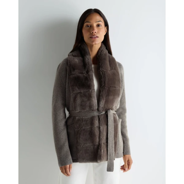 N.Peal Ruby Herringbone Fur Cardigan in Wood Smoke Brown