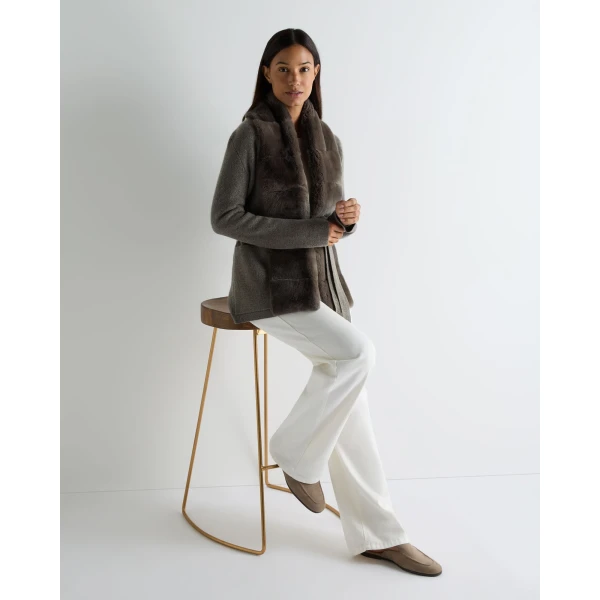 N.Peal Ruby Herringbone Fur Cardigan in Wood Smoke Brown