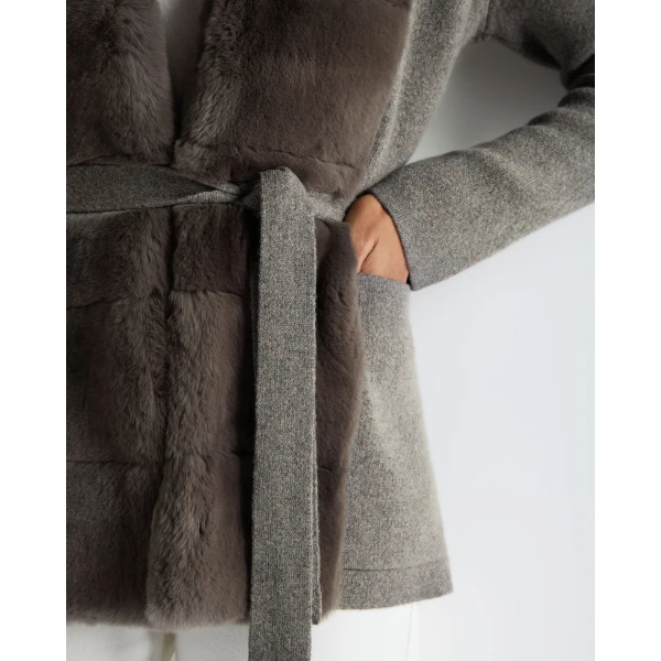 N.Peal Ruby Herringbone Fur Cardigan in Wood Smoke Brown