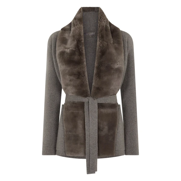 Ruby Herringbone Fur Cardigan in Wood Smoke Brown