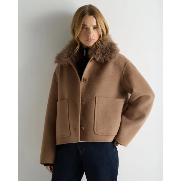 N.Peal Shearling Collar Jacket in Camel Brown