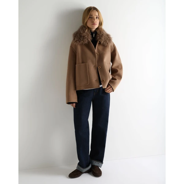 N.Peal Shearling Collar Jacket in Camel Brown