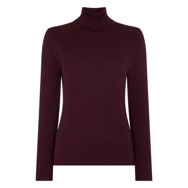 Superfine Cashmere Ribbed Roll Neck Jumper in Damson Red