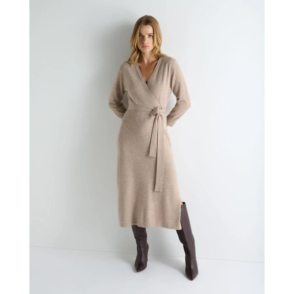 N.Peal Willa Wrap Cashmere Dress in Oatmeal Brown
