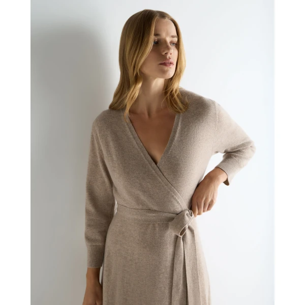 N.Peal Willa Wrap Cashmere Dress in Oatmeal Brown
