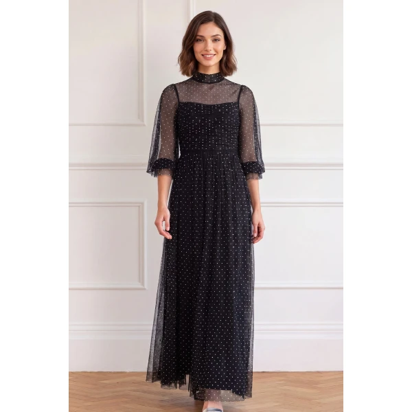 Needle and Thread Amaya Shimmer Long Sleeve Gown in Jet Black