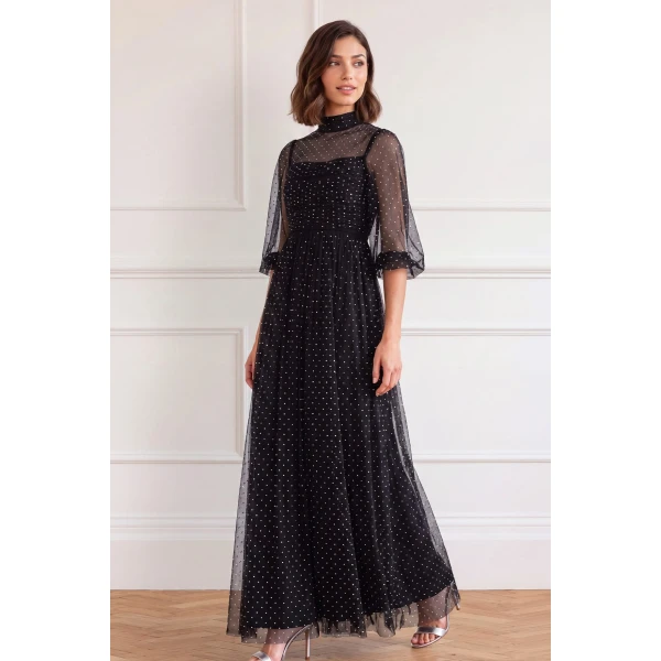 Needle and Thread Amaya Shimmer Long Sleeve Gown in Jet Black