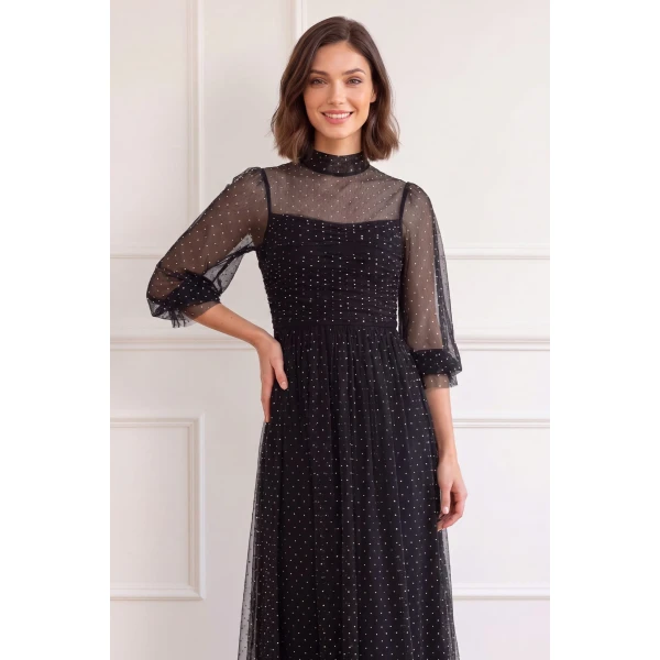 Needle and Thread Amaya Shimmer Long Sleeve Gown in Jet Black