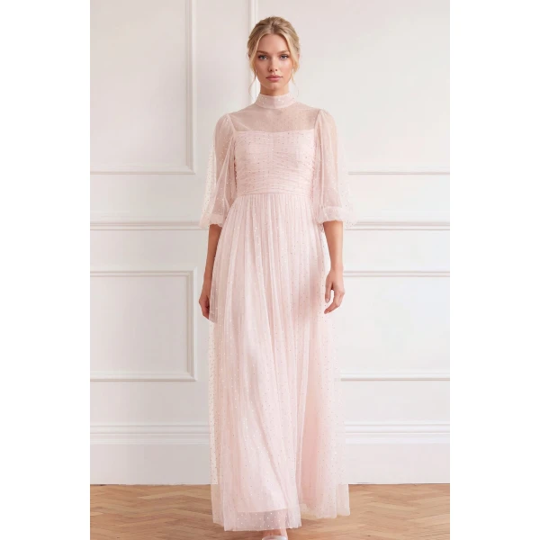 Needle and Thread Amaya Shimmer Long Sleeve Gown in Soft Peony