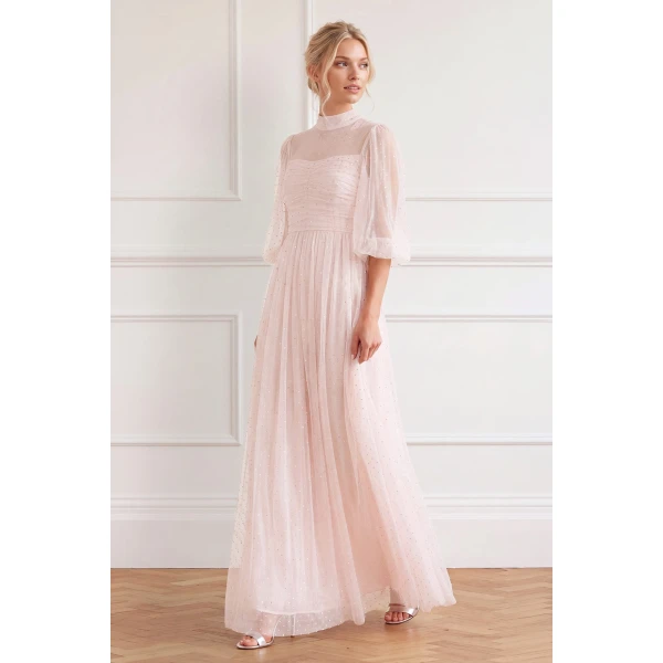 Needle and Thread Amaya Shimmer Long Sleeve Gown in Soft Peony