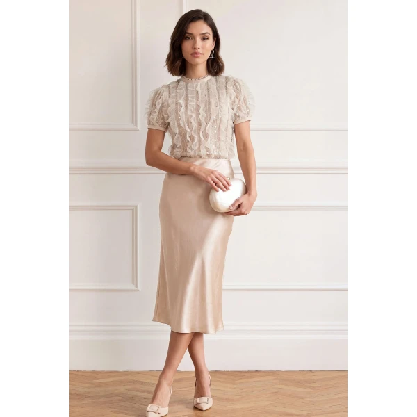 Needle and Thread Jet Frill Blouse in Soft Peony / Silver