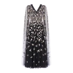 Needle and Thread Lea Ditsy Cape Sleeve Ankle Gown in Jet Black / Multi | Evening Gowns | Coveti