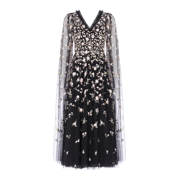 Lea Ditsy Cape Sleeve Ankle Gown in Jet Black / Multi
