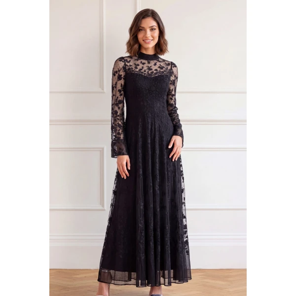 Needle and Thread Sylvia Rose Long Sleeve Ankle Gown in Jet Black