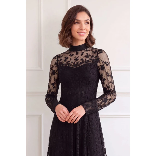 Needle and Thread Sylvia Rose Long Sleeve Ankle Gown in Jet Black