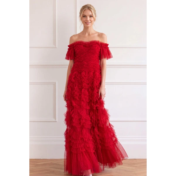 Needle and Thread Thalia Off-Shoulder Gown in Ribbon Red