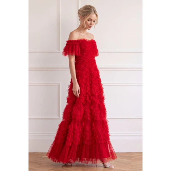 Needle and Thread Thalia Off-Shoulder Gown in Ribbon Red