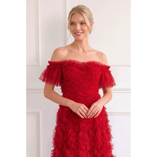 Needle and Thread Thalia Off-Shoulder Gown in Ribbon Red