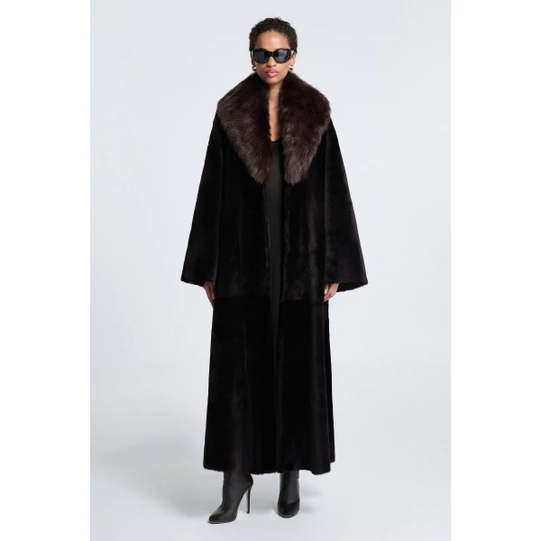 Nour Hammour Astoria Shearling Coat in Black Brown