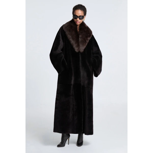 Nour Hammour Astoria Shearling Coat in Black Brown
