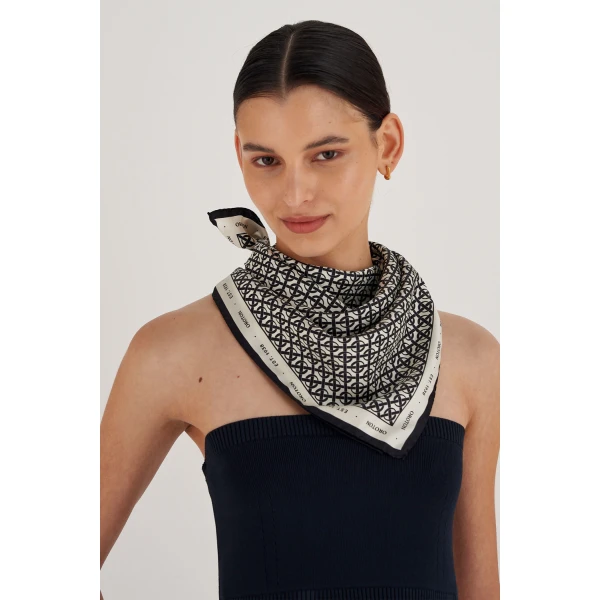 Oroton All Over Logo Silk Scarf Cream/Black, view 3
