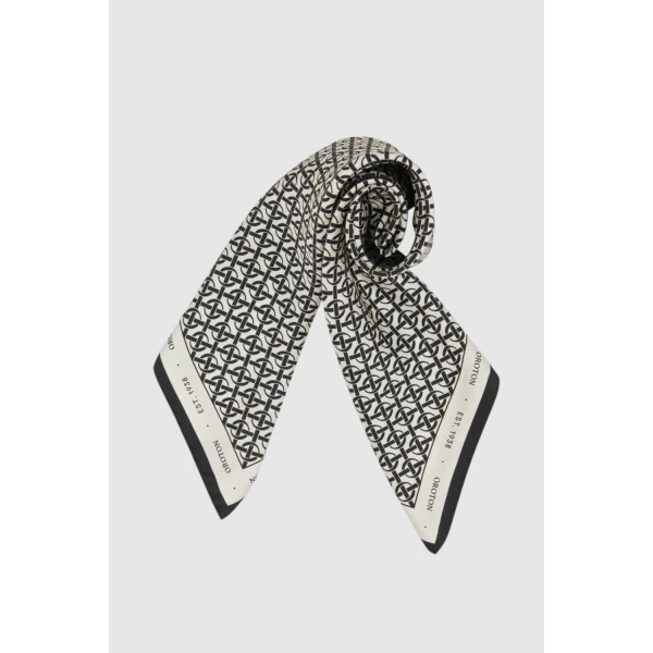 Oroton All Over Logo Silk Scarf Cream/Black, view 5