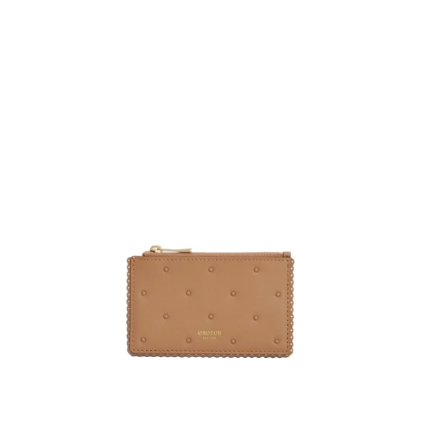 Oroton Broidery Studded 4 Credit Card Mini Zip Pouch Praline