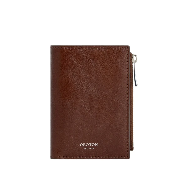 Oroton Cecile Vegetable Leather 10 Credit Card Mini Zip Wallet Dark Chestnut