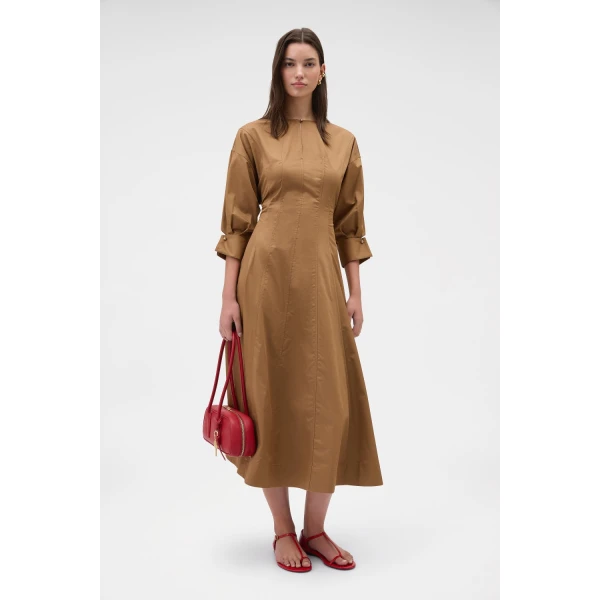 Oroton Cuff Detail Day Dress Dark Tobacco, view 6