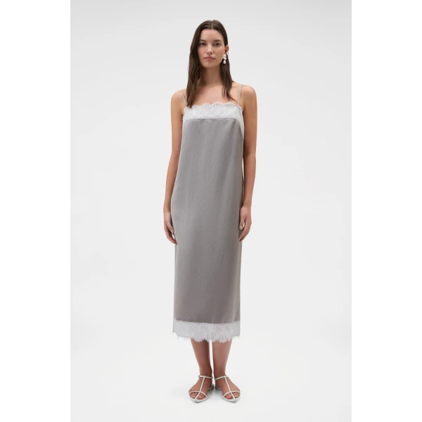 Oroton Double Satin Lace Trim Slip Castle Grey, view 2