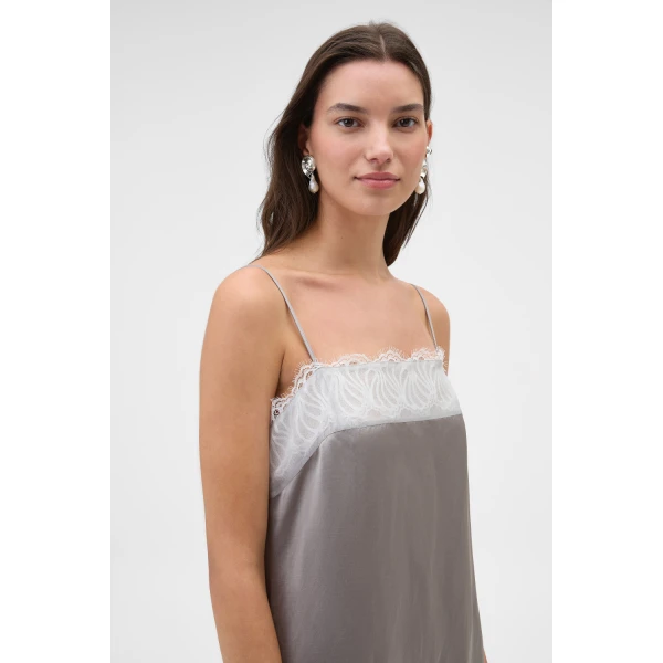 Oroton Double Satin Lace Trim Slip Castle Grey, view 4