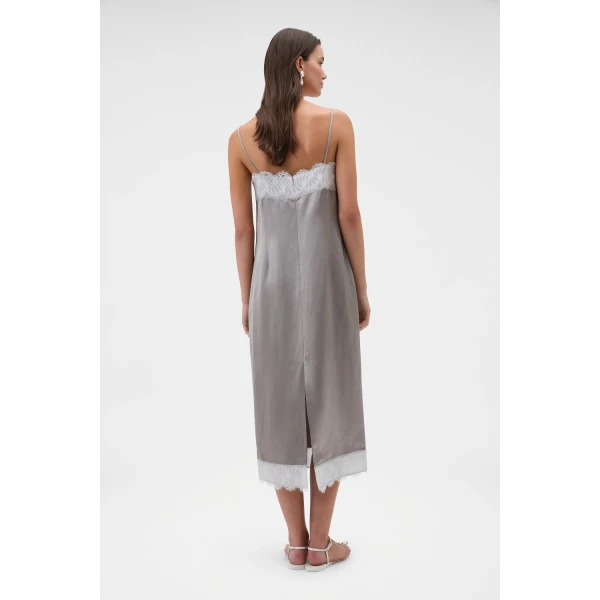 Oroton Double Satin Lace Trim Slip Castle Grey, view 5