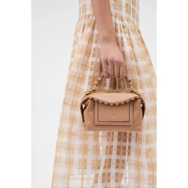Oroton Mica Smooth Broidery Mini Bowler Praline, view 3