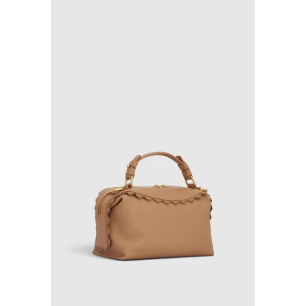Oroton Mica Smooth Broidery Mini Bowler Praline, view 5
