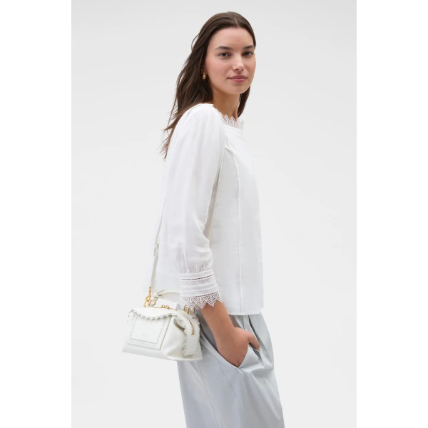 Oroton Mica Smooth Broidery Mini Bowler Warm White, view 2