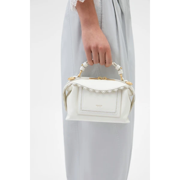 Oroton Mica Smooth Broidery Mini Bowler Warm White, view 3