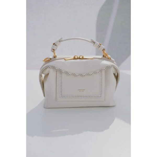 Oroton Mica Smooth Broidery Mini Bowler Warm White, view 4