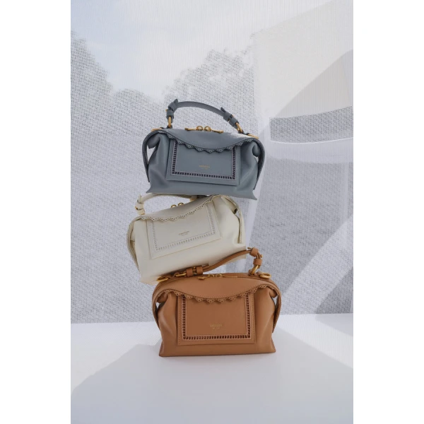Oroton Mica Smooth Broidery Mini Bowler Warm White, view 5