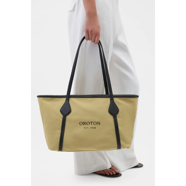 Oroton Ponza Canvas Medium Tote Ice Coffee, view 3