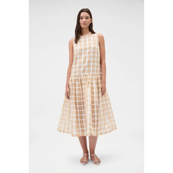 Oroton Sheer Check Drop Waist Dress Butterscotch, view 2
