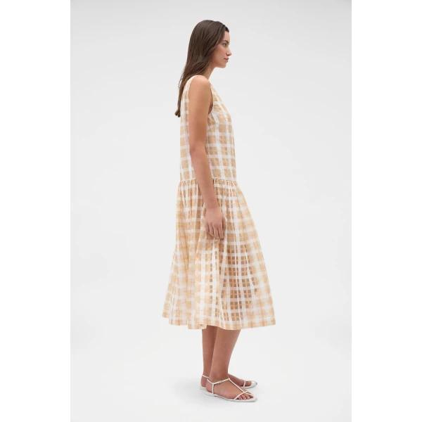 Oroton Sheer Check Drop Waist Dress Butterscotch, view 3
