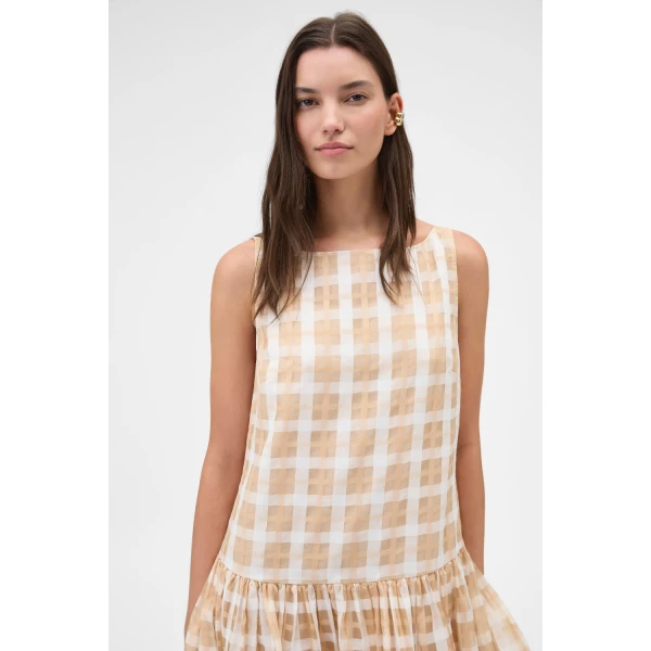 Oroton Sheer Check Drop Waist Dress Butterscotch, view 4