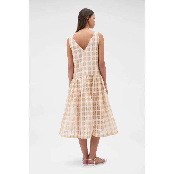 Oroton Sheer Check Drop Waist Dress Butterscotch, view 5