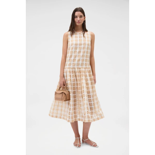 Oroton Sheer Check Drop Waist Dress Butterscotch, view 6