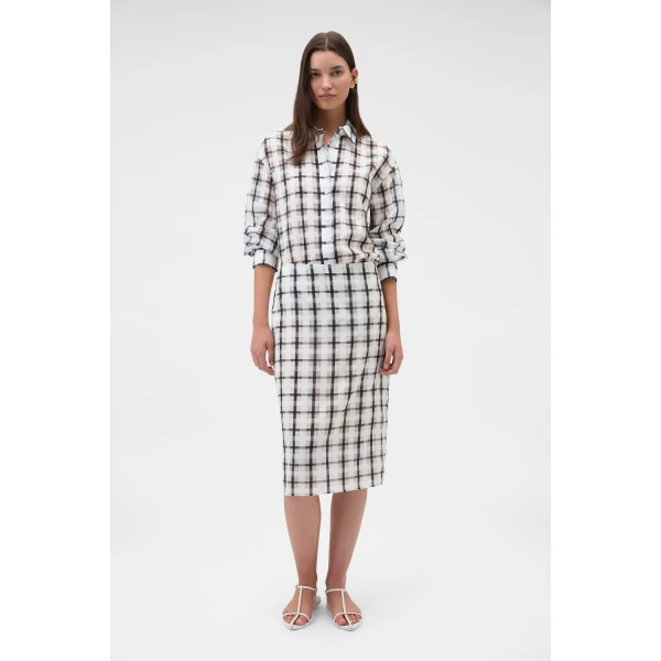 Oroton Sheer Check Pencil Skirt Graphite, view 2