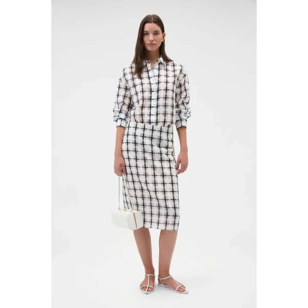 Oroton Sheer Check Pencil Skirt Graphite, view 6