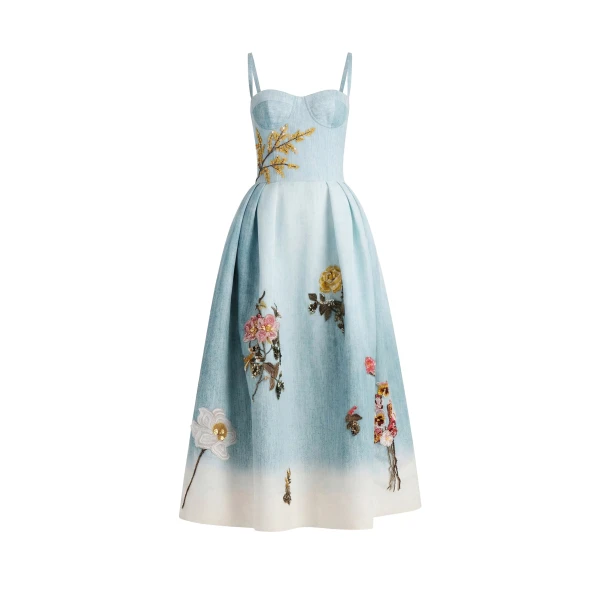 Oscar de la Renta Beaded Mixed Botanical Bustier Dress