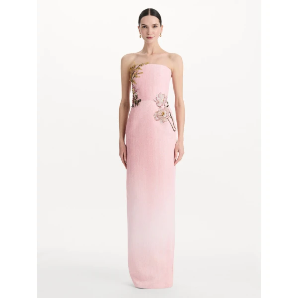 Oscar de la Renta Beaded Mixed Botanical Embroidered Column Gown